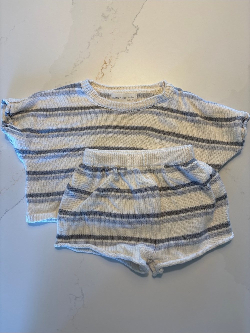 6-12 months Quincy Mae Cream,  Gray, and Blue Striped Knit Top & Shorts Set